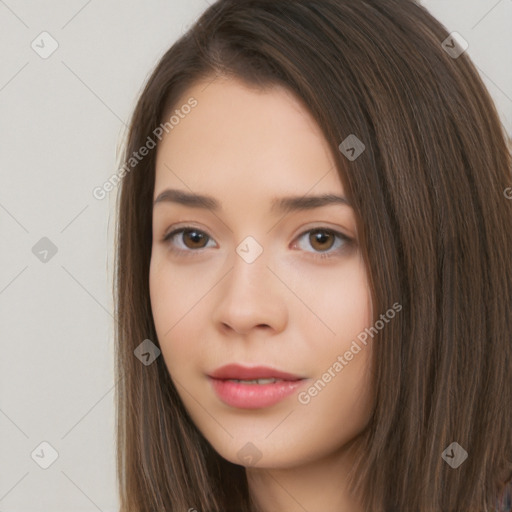 Neutral white young-adult female with long  brown hair and brown eyes