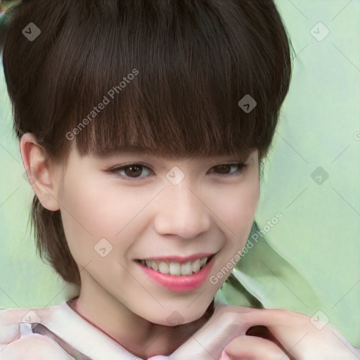 Joyful white child female with short  brown hair and brown eyes