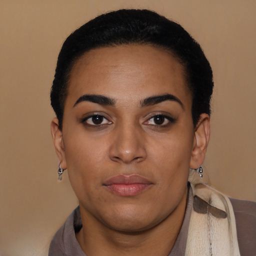 Joyful black young-adult female with short  brown hair and brown eyes