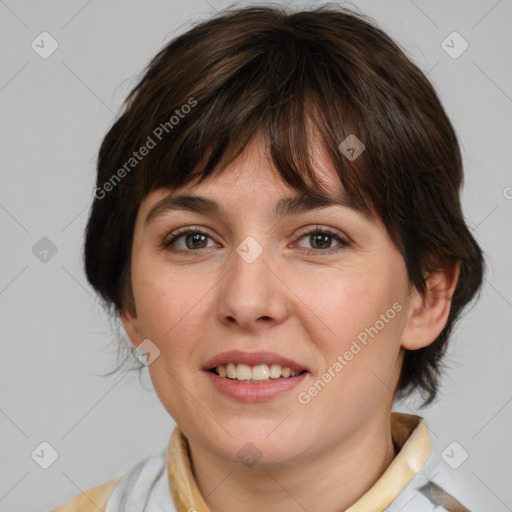 Joyful white young-adult female with medium  brown hair and brown eyes