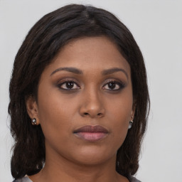 Neutral asian young-adult female with long  brown hair and brown eyes