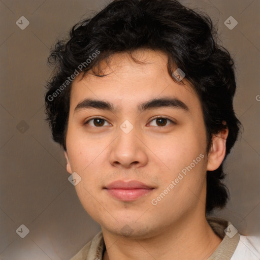 Joyful white young-adult male with medium  brown hair and brown eyes