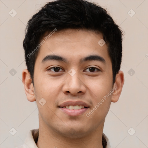 Joyful latino young-adult male with short  brown hair and brown eyes