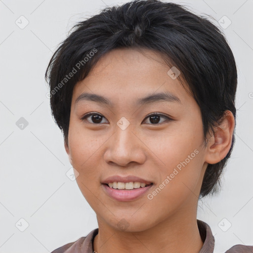 Joyful asian young-adult female with short  brown hair and brown eyes