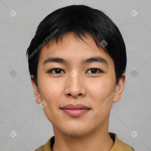 Joyful asian young-adult male with short  black hair and brown eyes