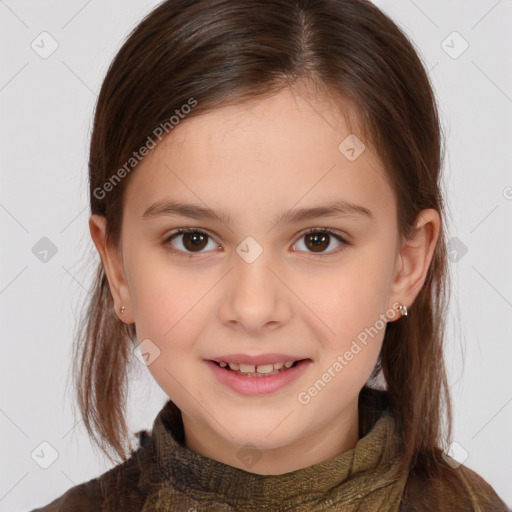 Joyful white child female with medium  brown hair and brown eyes