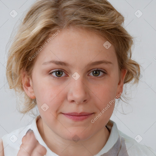 Joyful white child female with medium  brown hair and brown eyes