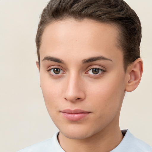 Neutral white young-adult female with short  brown hair and brown eyes