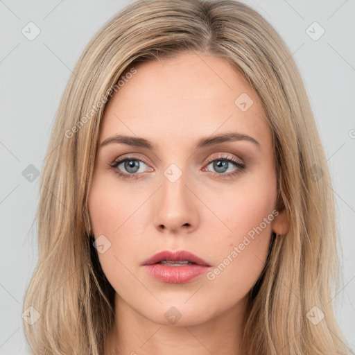 Neutral white young-adult female with long  brown hair and brown eyes