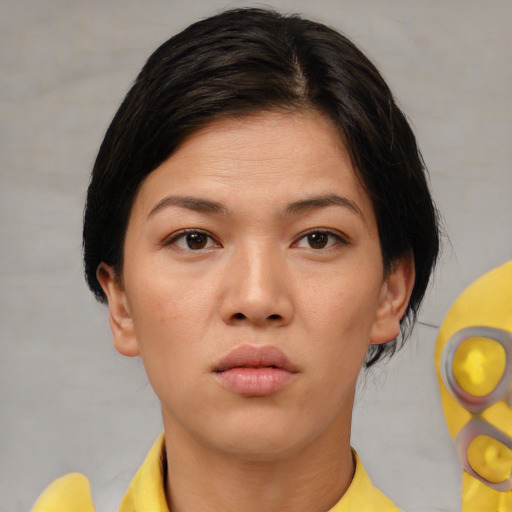 Neutral asian young-adult female with short  brown hair and brown eyes