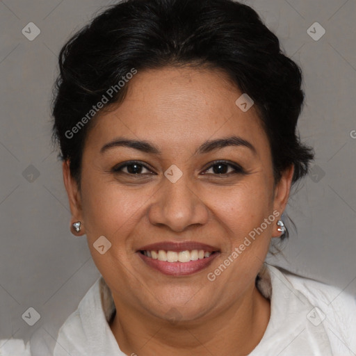 Joyful white adult female with short  brown hair and brown eyes
