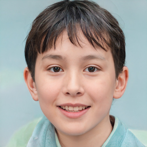 Joyful white child female with short  brown hair and brown eyes