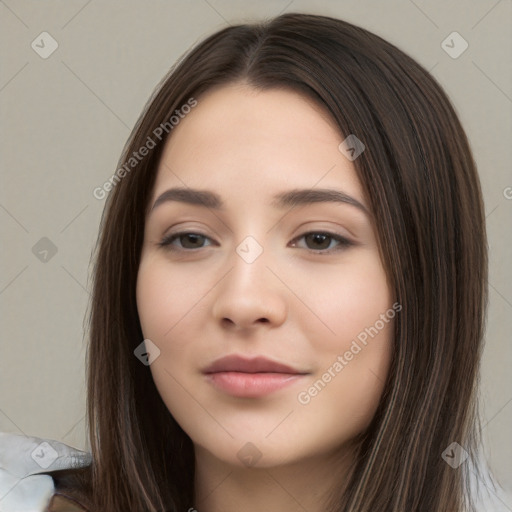 Neutral white young-adult female with long  brown hair and brown eyes