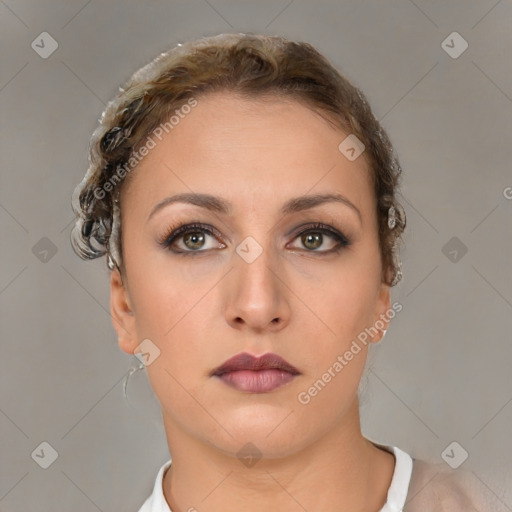 Neutral white young-adult female with short  brown hair and brown eyes