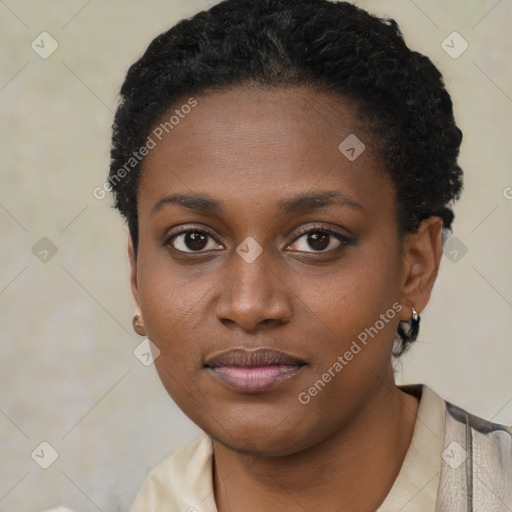 Neutral black young-adult female with short  black hair and brown eyes