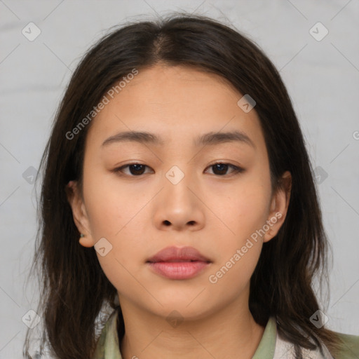 Neutral asian young-adult female with medium  brown hair and brown eyes