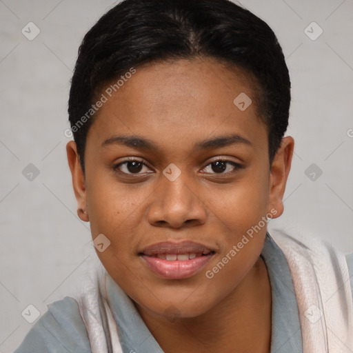 Joyful black young-adult female with short  brown hair and brown eyes