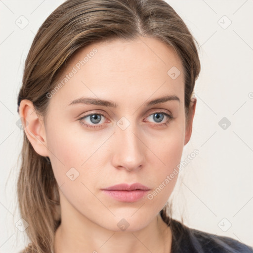 Neutral white young-adult female with long  brown hair and grey eyes