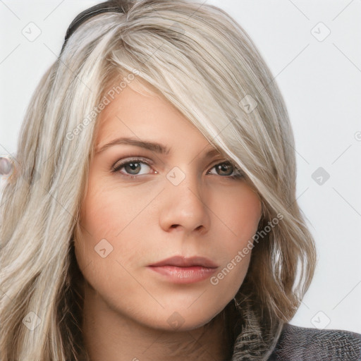 Neutral white young-adult female with long  brown hair and grey eyes