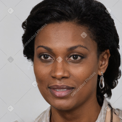 Joyful black young-adult female with medium  black hair and brown eyes