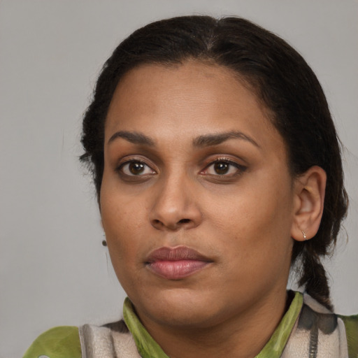 Neutral black young-adult female with medium  brown hair and brown eyes