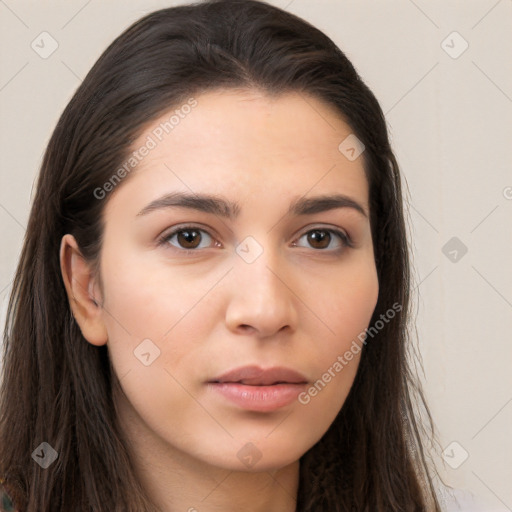 Neutral white young-adult female with long  brown hair and brown eyes