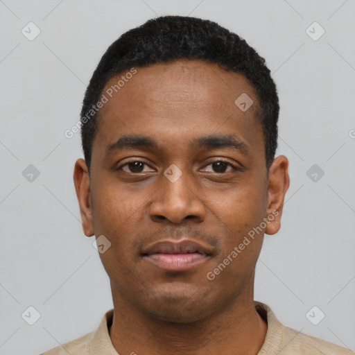 Neutral black young-adult male with short  black hair and brown eyes