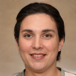 Joyful white adult female with medium  brown hair and brown eyes