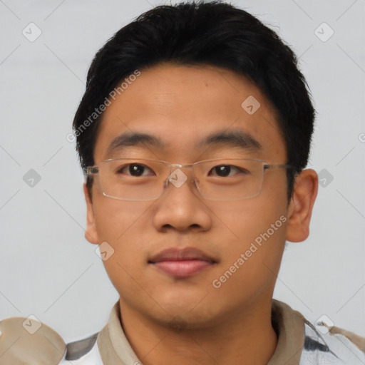 Neutral asian young-adult male with short  brown hair and brown eyes