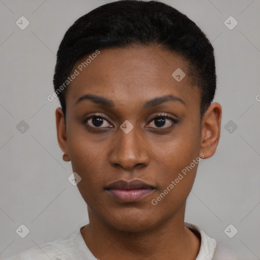 Neutral black young-adult female with short  black hair and brown eyes