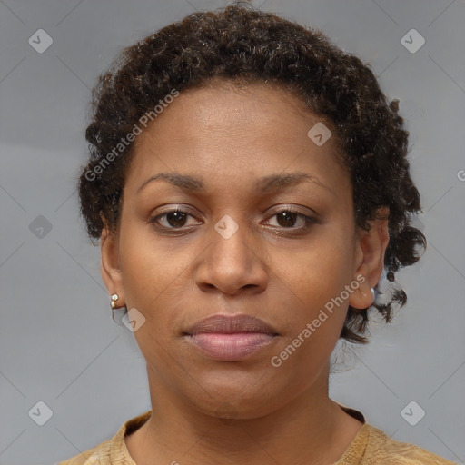 Neutral black young-adult female with short  brown hair and brown eyes