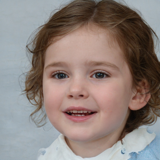 Joyful white child female with medium  brown hair and blue eyes