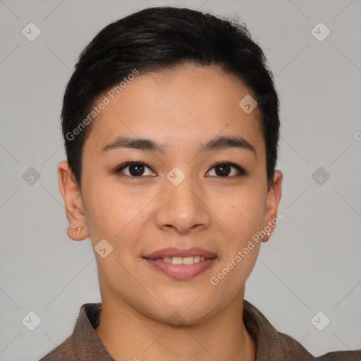 Joyful asian young-adult female with short  brown hair and brown eyes