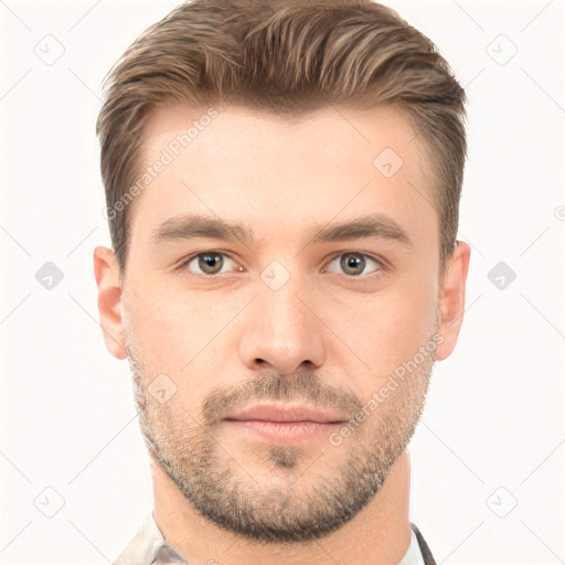 Neutral white young-adult male with short  brown hair and brown eyes