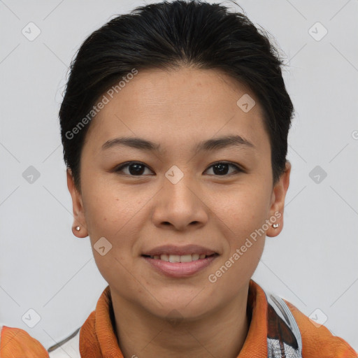 Joyful asian young-adult female with short  brown hair and brown eyes