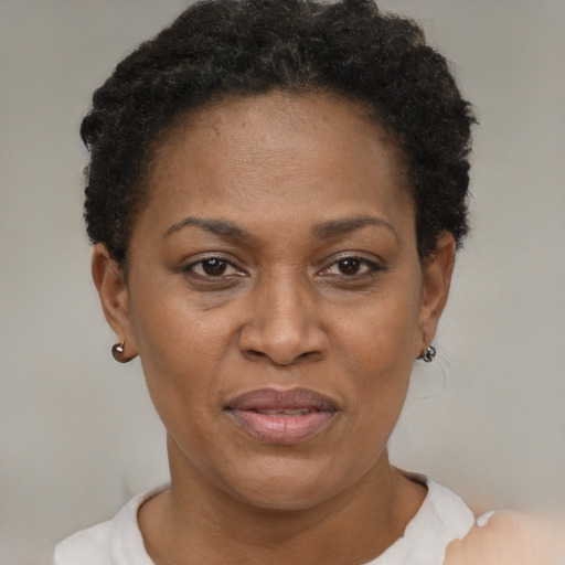 Joyful black adult female with short  brown hair and brown eyes