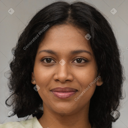 Joyful black young-adult female with medium  black hair and brown eyes