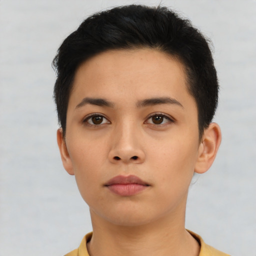 Neutral asian young-adult female with short  black hair and brown eyes