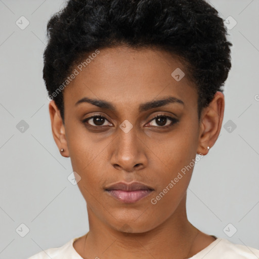 Neutral black young-adult female with short  black hair and brown eyes