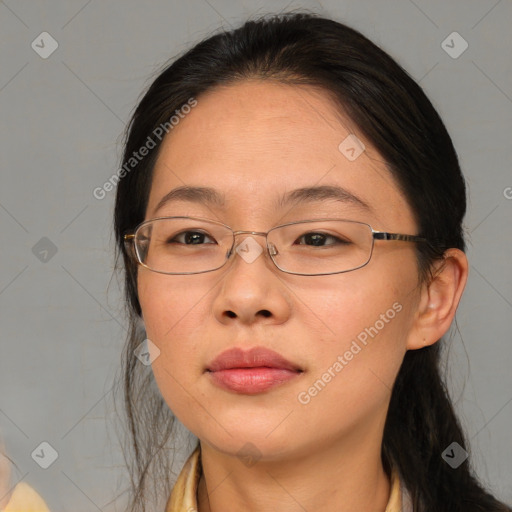 Neutral white adult female with medium  brown hair and brown eyes