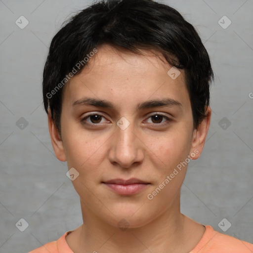 Neutral white young-adult female with short  brown hair and brown eyes