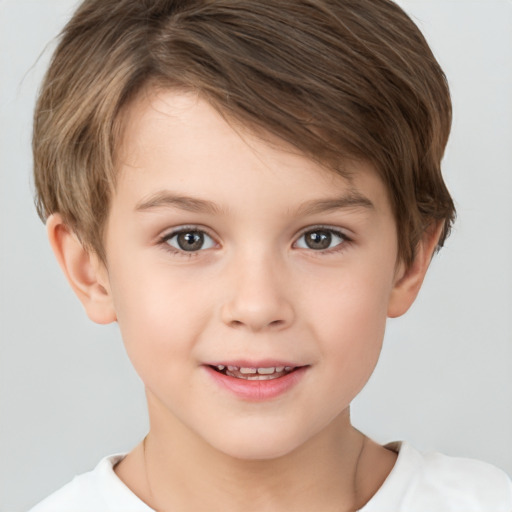 Joyful white child female with short  brown hair and brown eyes