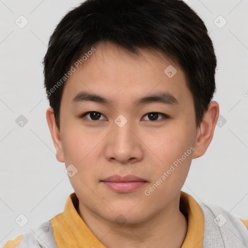 Neutral asian young-adult male with short  brown hair and brown eyes