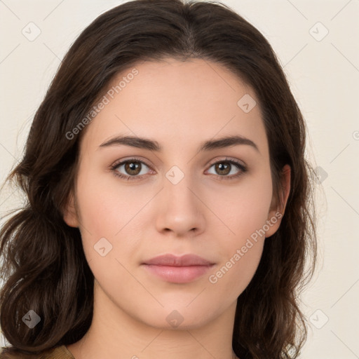 Neutral white young-adult female with medium  brown hair and brown eyes