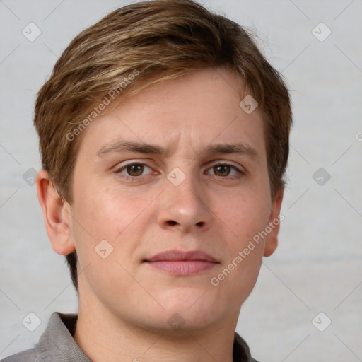 Neutral white young-adult male with short  brown hair and grey eyes