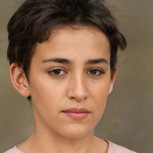 Neutral white young-adult female with short  brown hair and brown eyes