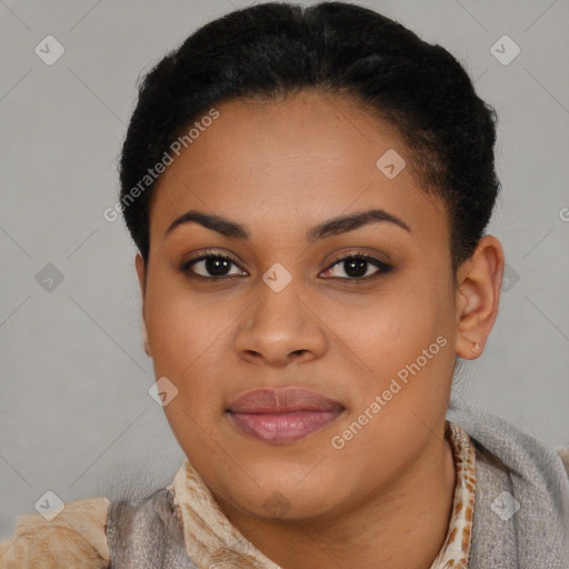 Joyful latino young-adult female with short  black hair and brown eyes