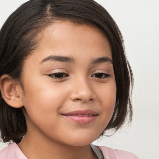 Joyful white child female with medium  brown hair and brown eyes