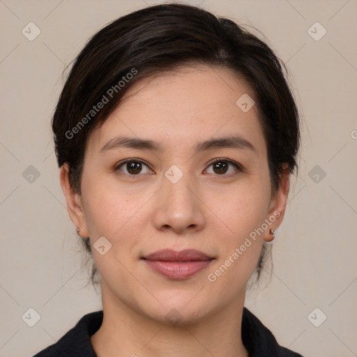 Joyful white young-adult female with medium  brown hair and brown eyes