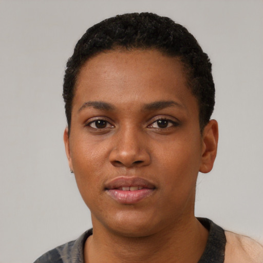 Neutral black young-adult female with short  black hair and brown eyes